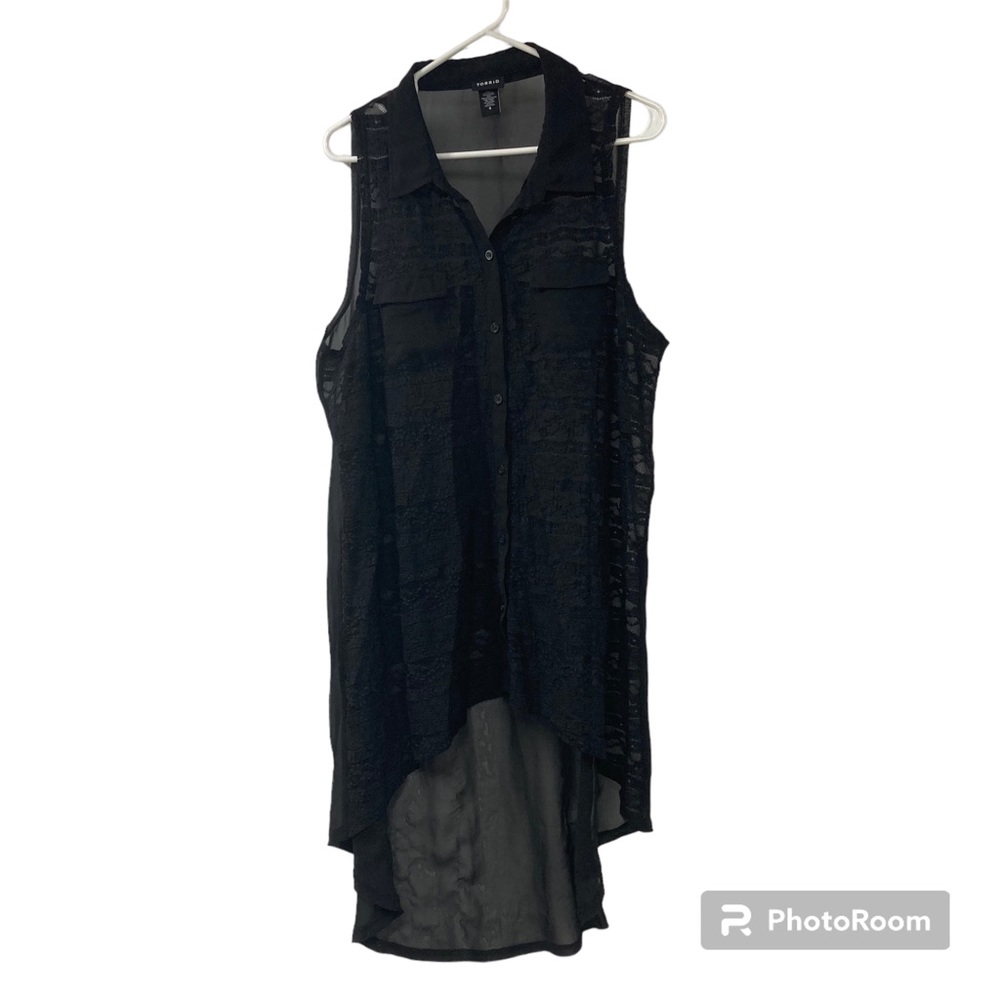 Torrid Black Chiffon Tank Hi Low Lace Sheer Sleeveless Top Womens Size L